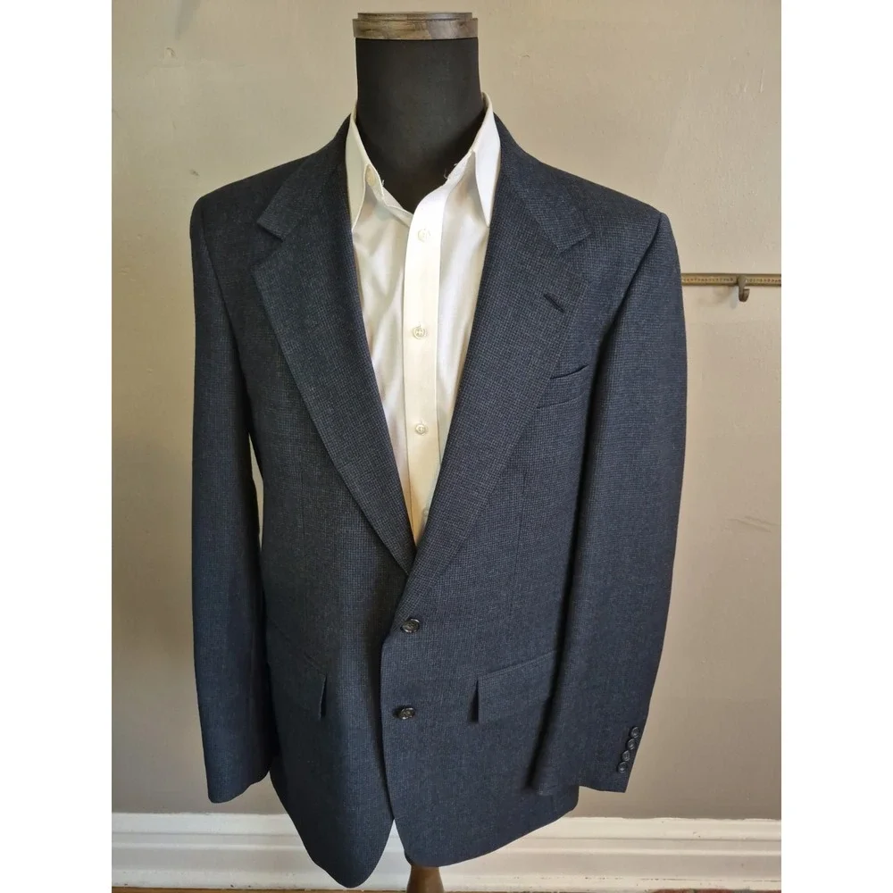 Evan Picone Mens Wool Sports Coat 40L Blue Houndstooth Vintage USA Blazer